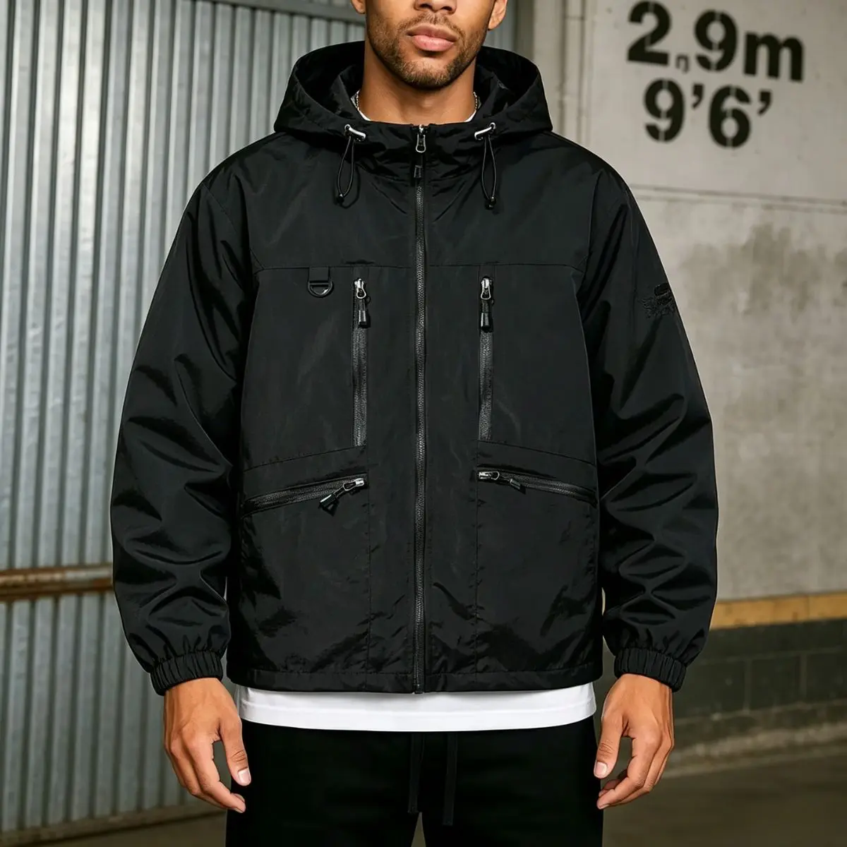 Men’s multi-pocket functional hooded jacket, outdoor windproof drawstring workwear jacket. Menswear Coats, Plain, Casual