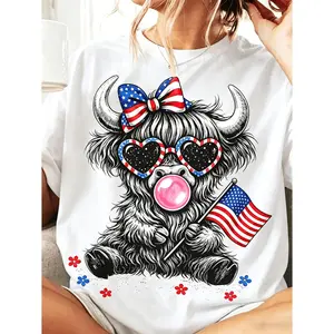 Patriotic Cotton Short-Sleeve Round Neck Casual Streetwear Top, Featuring Highland Cattle, 4th July Bow, American Flag Design for Cowgirl Independence Day Fashion