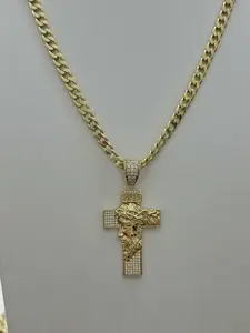 Cuban Chain 22in with Cross Pendant in 14K Gold Plated