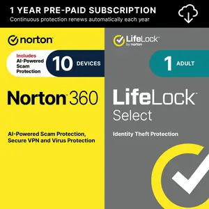 Norton 360 with LifeLock Select Bundle - All-in-1 Antivirus & Internet Security Suite for Up to 10 Devices, Online Privacy Protection, Identity Security (Digital Download)