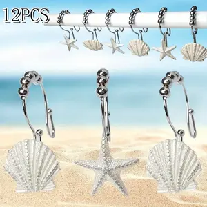 [12 Pcs Rust Resistant Hooks] 12 Pcs Starfish and Seashell Stainless Steel,Glide Shower Curtain Ring Hangs Holder for Bathroom Home Decor Iron Hanging