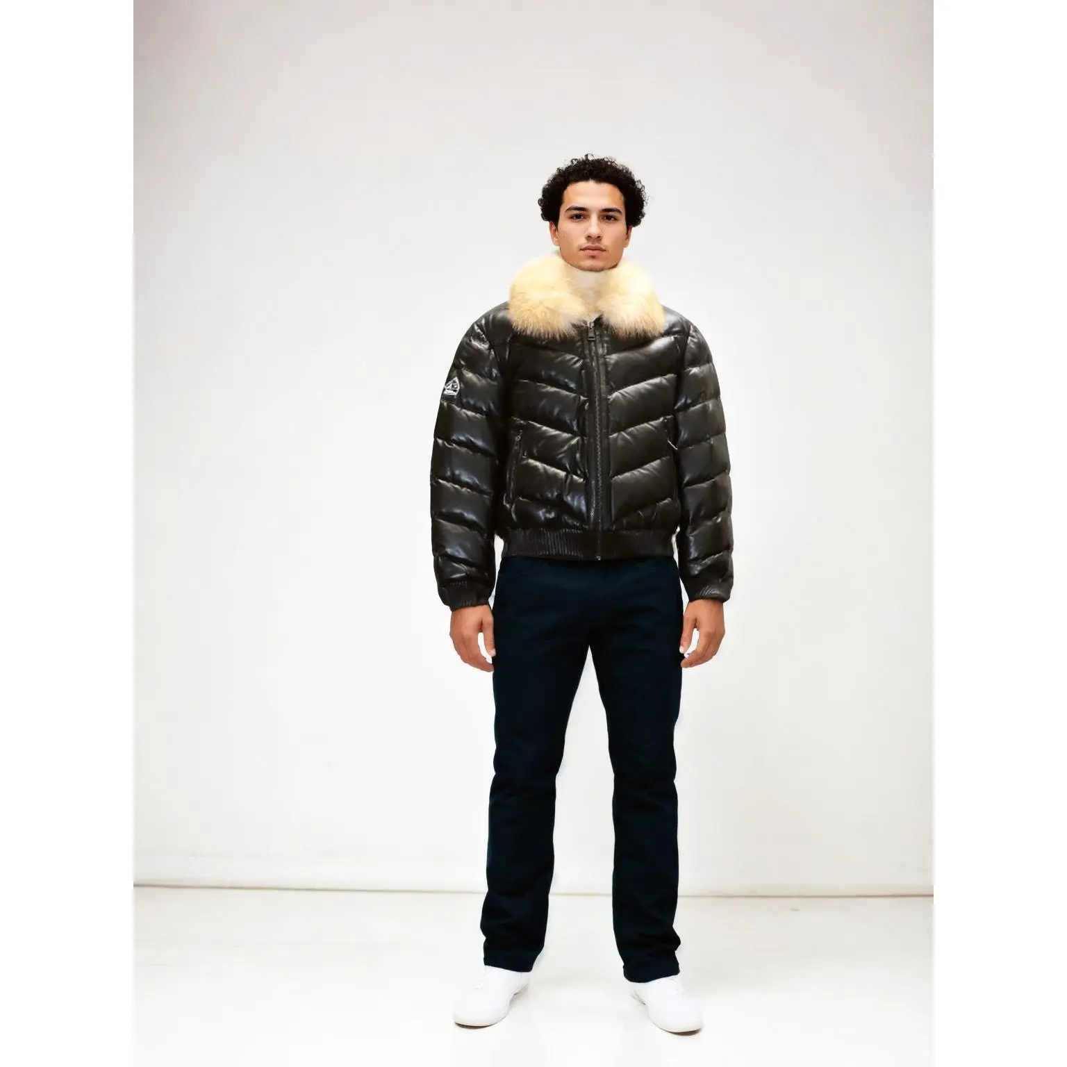 Original Goose Country Men's Puffer Leather Bomber Jacket with Down Filling