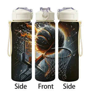 Basketball Theme Print Water Bottle, Hydration Tumbler, 750ML/25oz Sports Water Jug, Durable Reusable Plastic Cup, Straw Lid with Handle, Ideal Student Gift