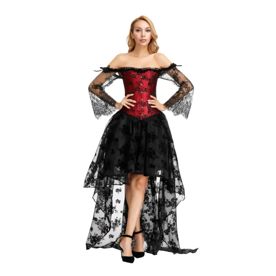 Women's Victorian Gothic Corset Dress, Retro Off-Shoulder Long Lace Sleeves, Lace Up Bodice with High-Low Tulle Skirt for Halloween & Weddings, Long Sleeves
