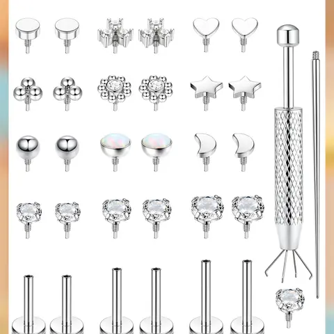 LOLIAS 16G-18G Hypoallergenic Surgical Steel Flat Back Stud Earrings for Women - Internal Thread Zirconia Piercing Jewelry, Sensitive Ears Solutions, Casual Nose Stud for Nose Tragus Helix Cartilage Conch 14K Gold Plated Lip Labret Medusa