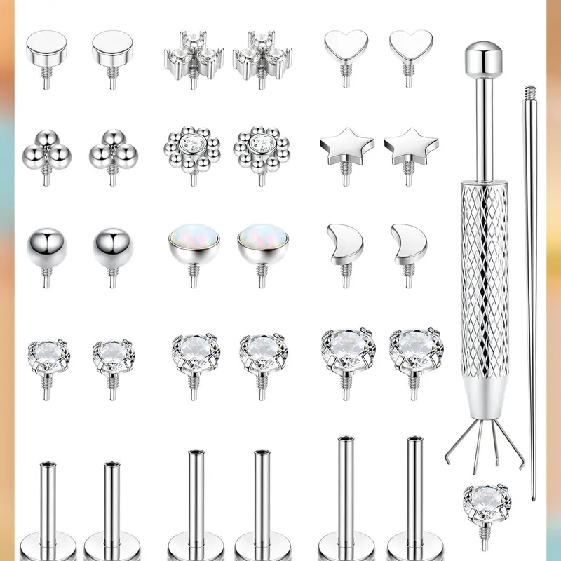 LOLIAS 16G-18G Hypoallergenic Surgical Steel Flat Back Stud Earrings for Women - Internal Thread Zirconia Piercing Jewelry, Sensitive Ears Solutions, Casual Nose Stud for Nose Tragus Helix Cartilage Conch 14K Gold Plated Lip Labret Medusa