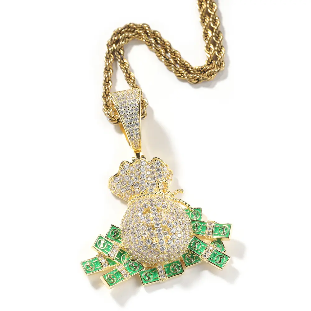 Iced Out Money Bag Jewellery Pendant, Bling Accessories, Cash Stack Statement Charm for Hip Hop Streetwear