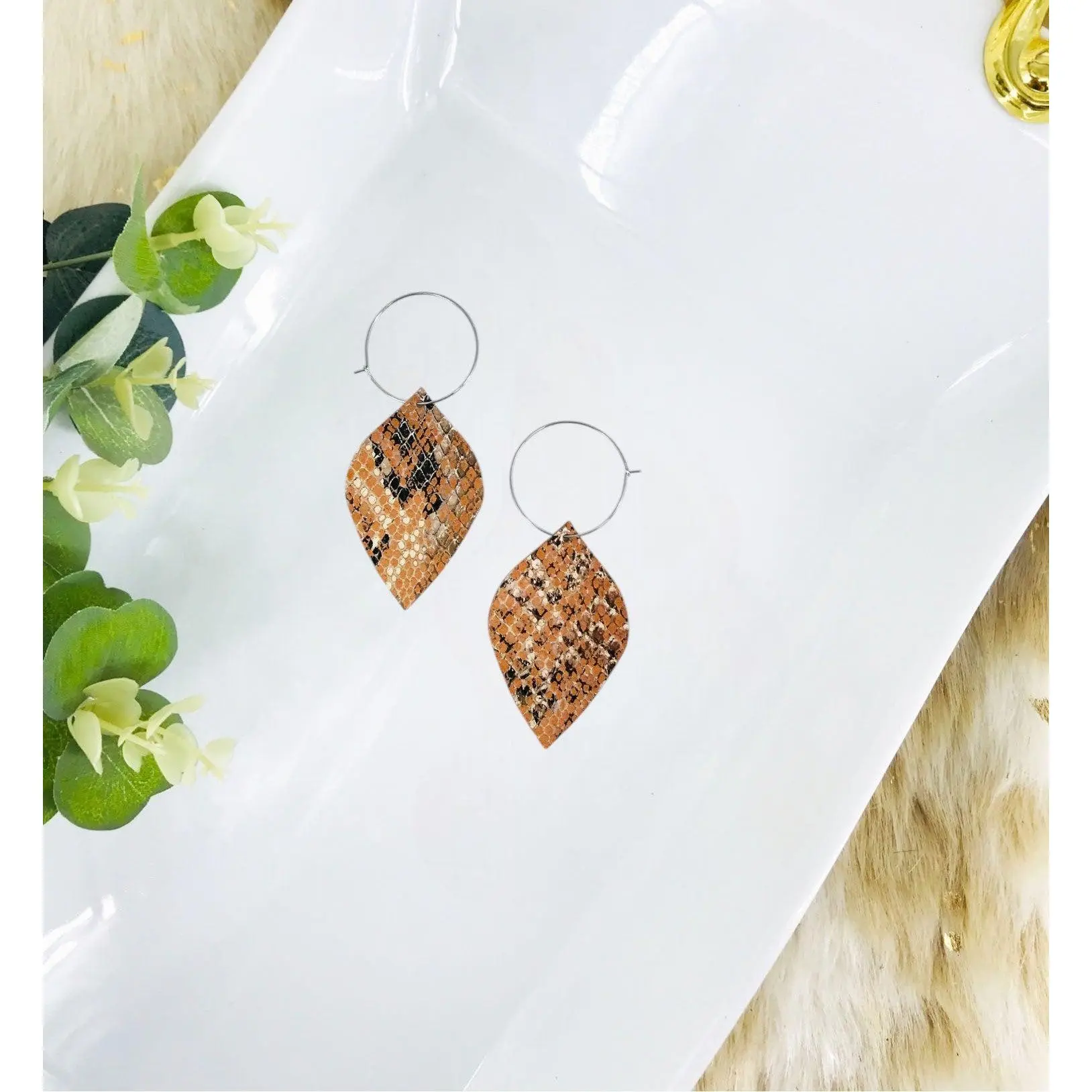 Burnt Orange Snake Skin Leather Hoop Earrings - E19-2124