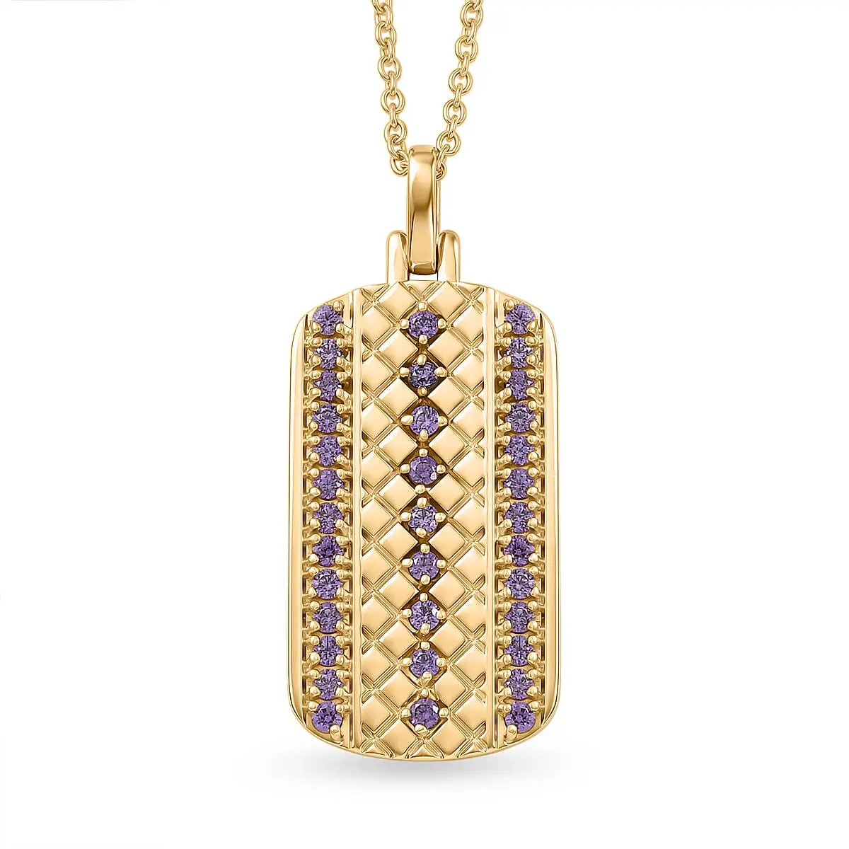 EverTrue Simulated Amethyst Color Diamond Pendant in 18K YG Plated with ION Plated YG Stainless Steel Necklace 24