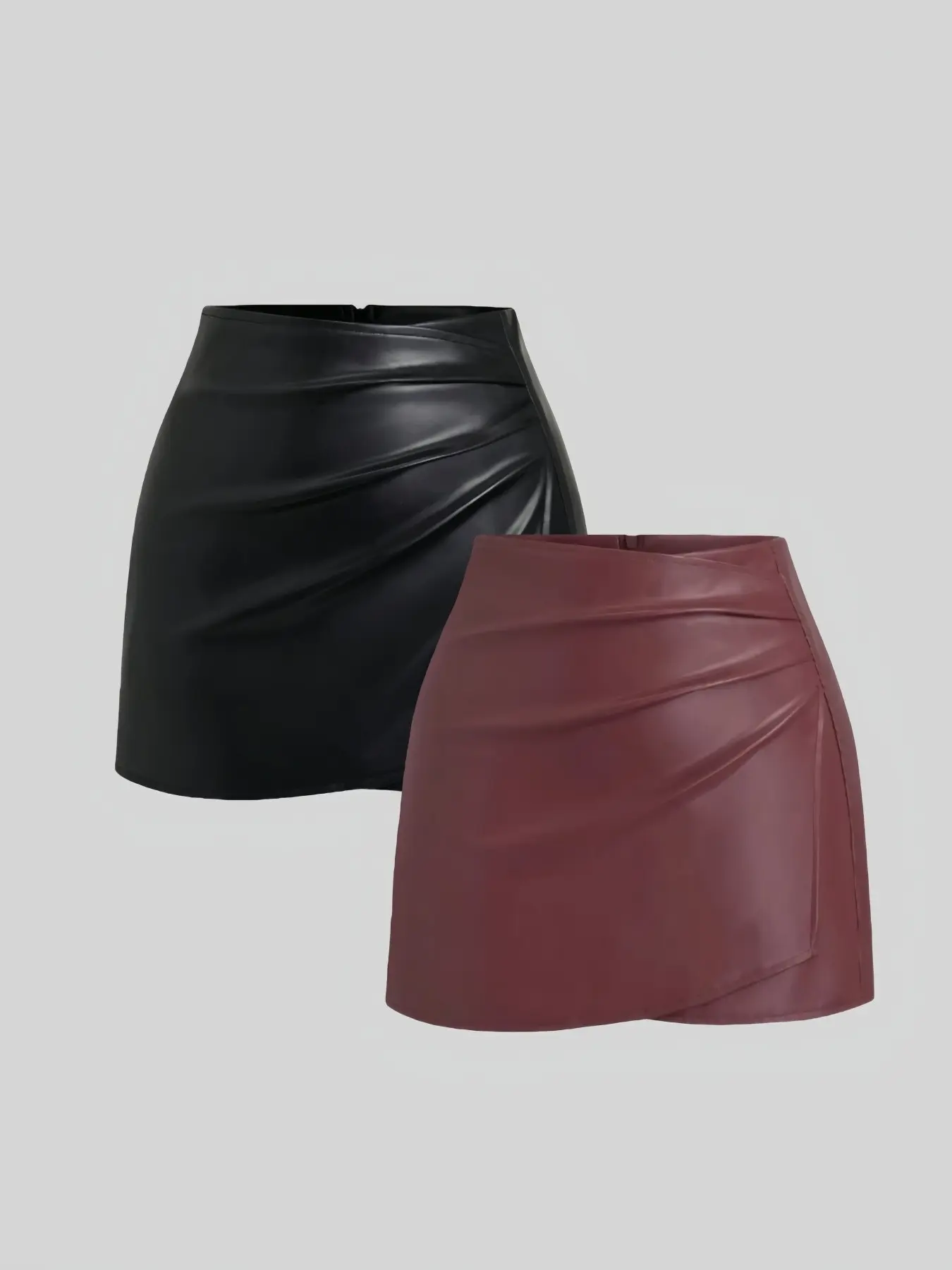 Women's Solid Color Sexy Tight PU Leather Mini Skirt Two-Piece Set, Stylish and Comfortable, Perfect for Casual and Party Wear