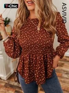 Women's Ditsy Floral Print Peplum Shirred Smocked Blouse, Feminine Shirts, Peplum Top, Going Out Tops, Casual Bishop Sleeve Round Neck Top for Daily Wear, Ladies Clothes for Fall