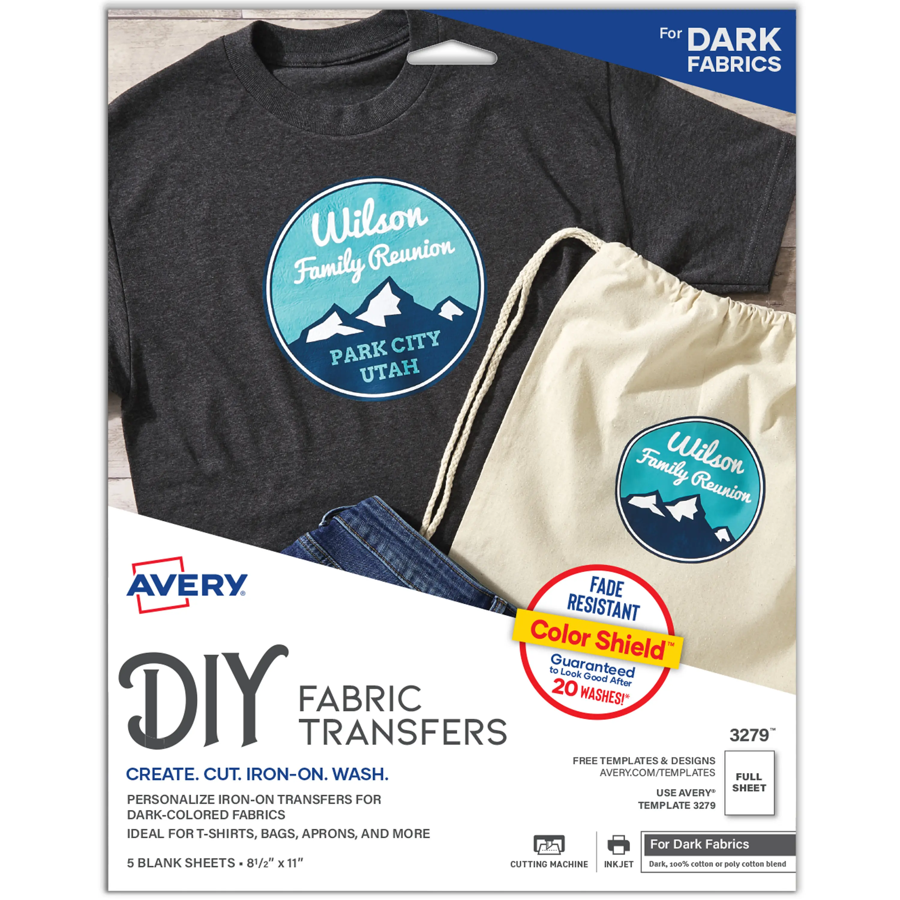 Avery Printable Heat Transfer Paper for Dark Fabrics, 8.5" x 11", Inkjet Printer Compatible, 5 Sheets of Iron On Transfer Paper (3279)