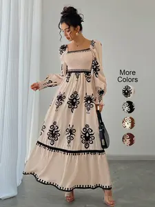 Women's Vintage Boho Floral Print Lantern Long Sleeve High Waist Basque Waist Dress, Square Neck Shirred Design, chic elegant fit, Valentine's Day Party Elegant, bohemian