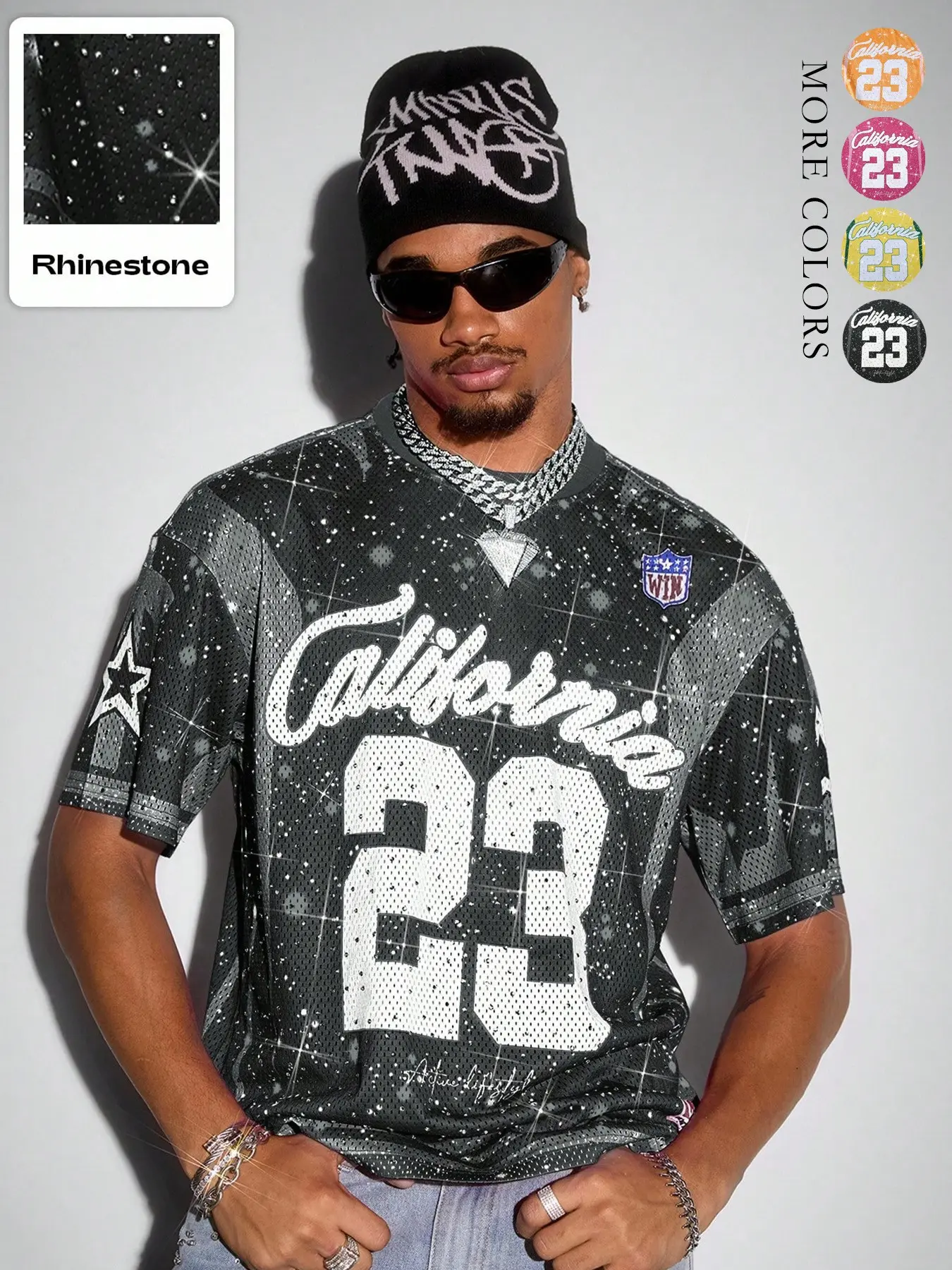 Unisex design, Athletic, urban-style casual sport jersey, water-crystal-embellished and digitally printed T-shirt with a 23 pattern, urban glam top, suitable for street photography, campus activities, sports ev, Casual Sports Tops, Casual Sportswear