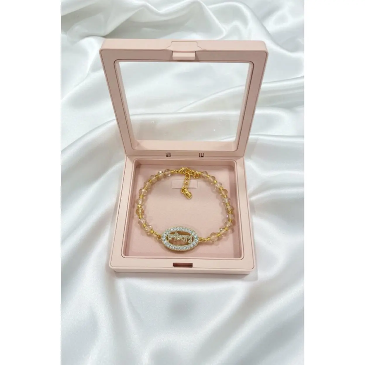 Whaheguru Rakhi for Brother - Elegant Gold Chain Bracelet with Rhinestone Design in Pink Gift Box