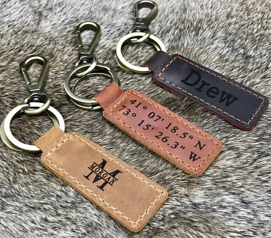Personalized Leather Keychain - Custom Keychains - Laser Engraved Keychain , Real Leather, Same Day Shipping