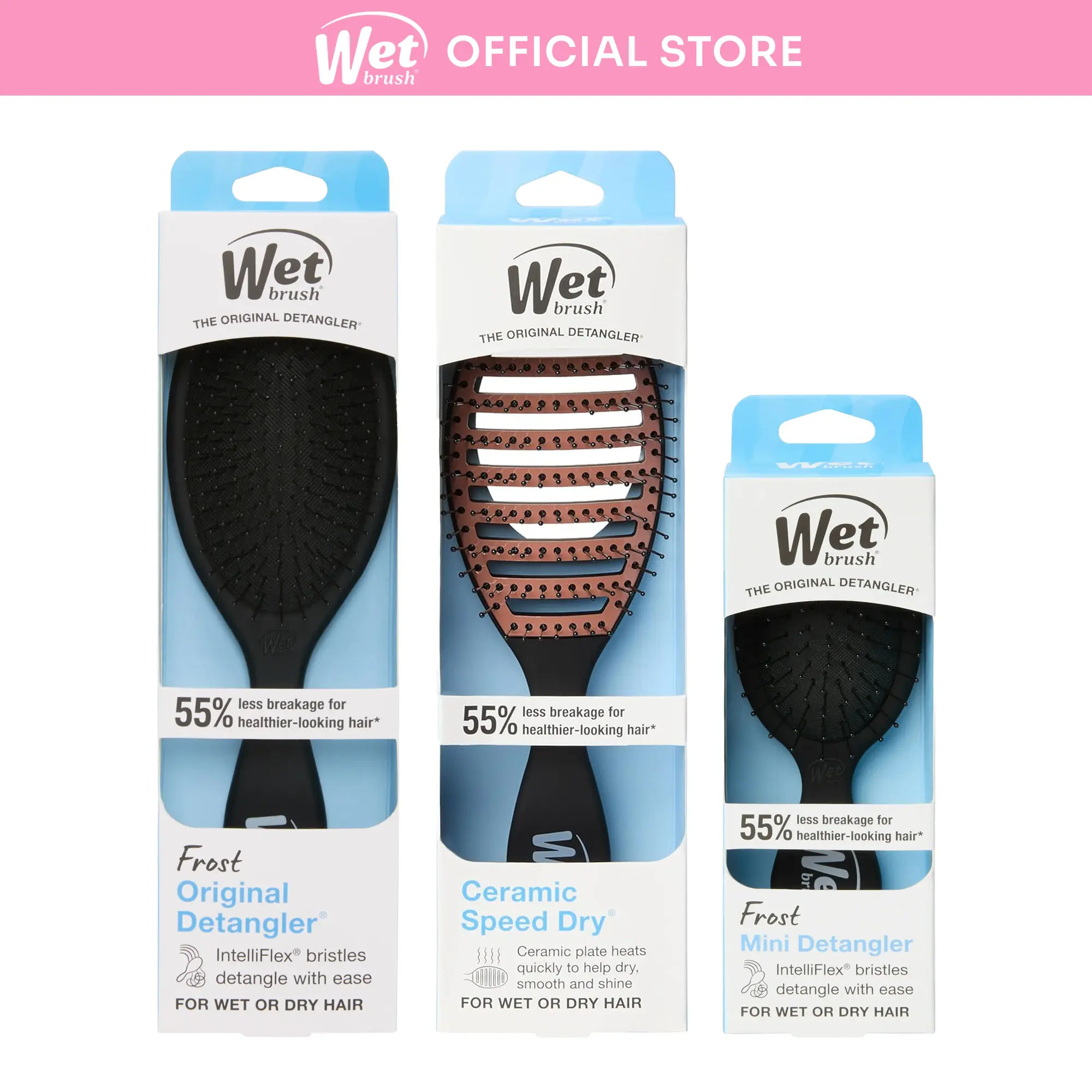 Wet Brush Detangler & Style Trio – Original Detangler, Ceramic Speed Dry & Mini Travel Brush Set for Wet or Dry Hair & Blow Drying