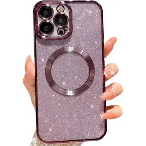 Compatible with iPhone 12 Pro Max Magnetic Glitter Case, Luxury Plating Cute Bling Clear Phone Case, Compatible with MagSafe for Women Girls with Camera Protector Back Cover - Purple