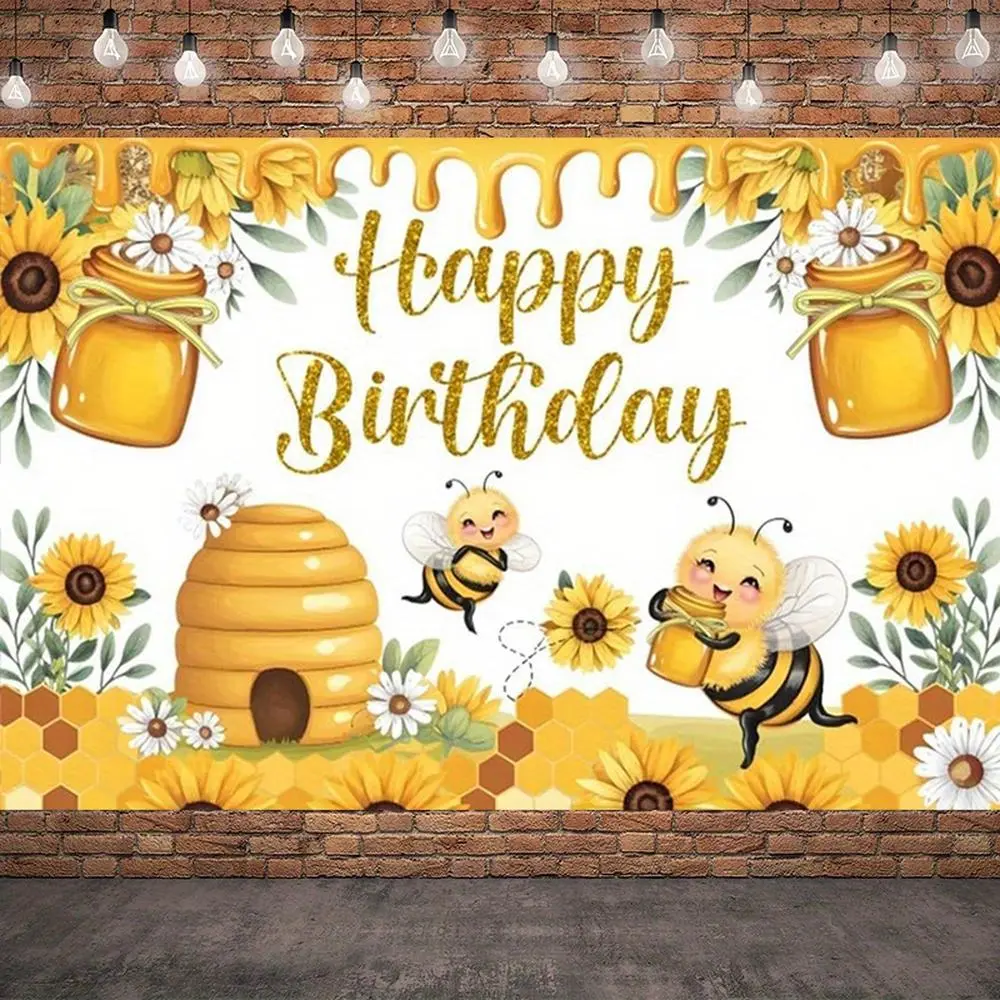1pc Durable 2D Flat Bee Polyester Soft Fabric Backdrop - Glam Floral Bees, Blooming Wildflowers Plants Photography Banner, Vibrant Yellow & Green Party Decor for Birthdays, Graduations