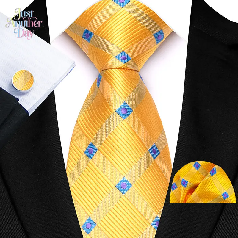 Men's 3-in-1 Tie Set with Cufflinks & Pocket Square, 8cm Wide Yellow Plaid Silk Necktie, Formal Business Wedding Accessories for Men