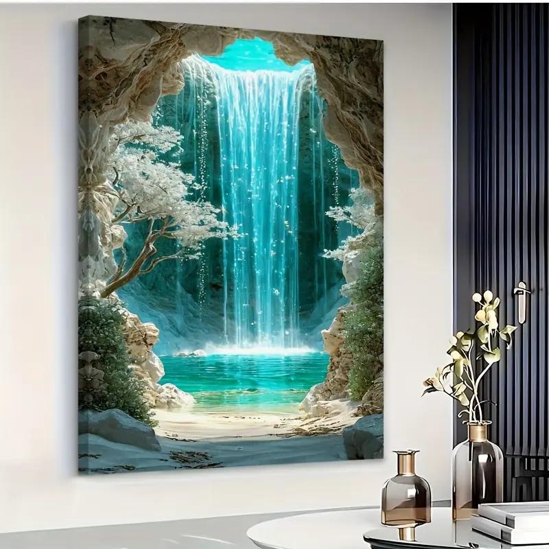 2D flat painting, 2D flat painting, 1 piece 2D, stunning canvas art, crystal waterfall, canvas oil painting, poster, living room, dining room, garage, workplace, bar, decorative art, solid wood frame, 16 X 24inch, 24 X 36inch