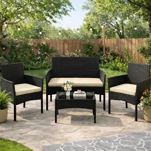 【On Sale】Yaheetech 4-Piece Patio Furniture Set Hand-Woven PE Rattan Conversation Set with Soft Cushions & Tempered Glass Table for Backyard Garden Poolside