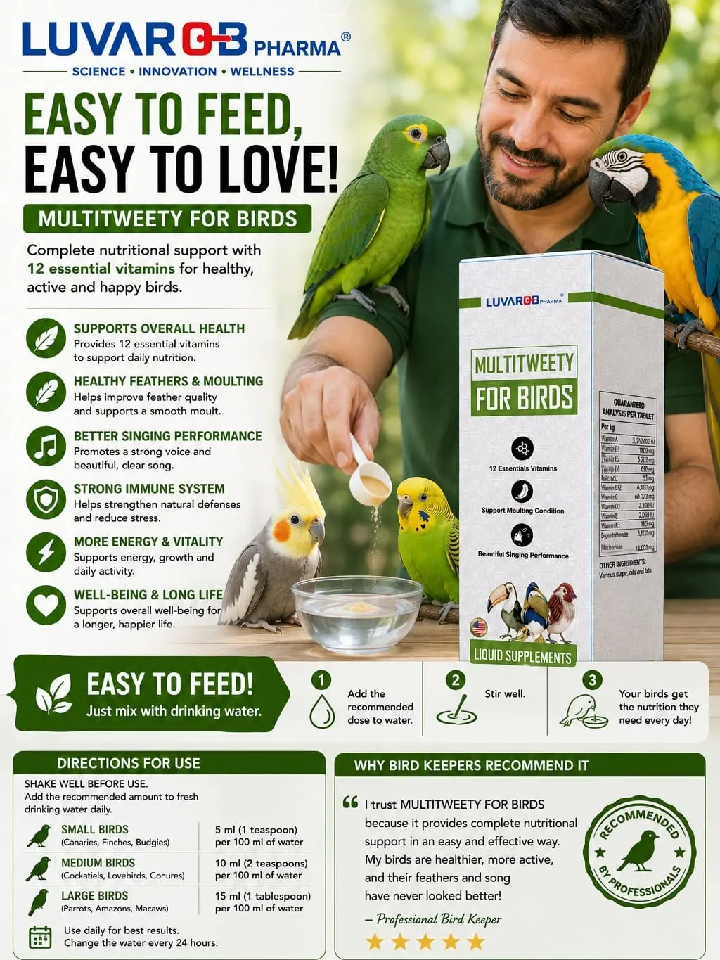 Multitweety for Birds Liquid Supplement 100 ml - 12 Essential Vitamins, Supports Immune System, Healthy Peaks, Legs, Bones & Minerals with Aminoacids