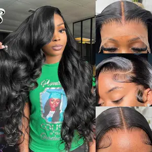 32 Inch Body Wave Lace Front Wigs Blended Human Hair Pre Plucked 13x4 hd Transparent Lace Frontal Body Wave Wig for Women 200 Density Natural Black