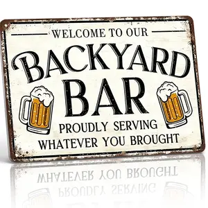 "Welcome To Our Backyard Bar" 8x12 Inch Aluminum Metal Sign - Rustic Patio Wall Decor for Backyard, Porch, and Outdoor Bar - Retro Vintage Tin Poster with Beer Mug Illustration - Durable, Weatherproof - Perfect for Backyard BBQ & Bar Lovers