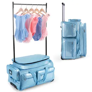 Dance Bag with Garment Rack, Blue 28" Glitter Dance Competition Must Haves Recital Dance Bag with Rack, Costumes Rolling Garment Bags For Travel Collapsible Suitcase for Dancers Performers
