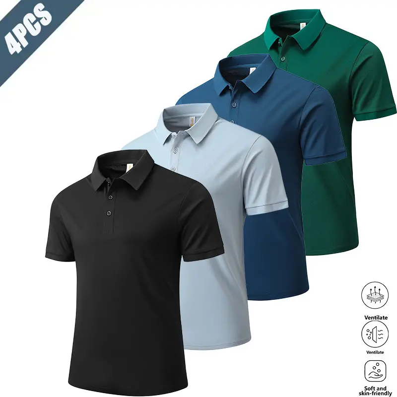 4-Pack quick-drying polo shirt for men's golf, American business sports style, breathable quick-drying perspiration-wicking fabric is skin-friendly and comfortable, classic lapel design is professional and stylish, fit version is free to move, not easy t