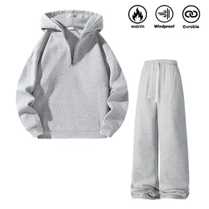 Men’s solid-color fashion two-piece sweatshirt set, regular fit, casual drop-shoulder half-zip hooded sweatshirt + drawstring sweatpants with pockets, suitable for 20-year-old boys, autumn/winter wear, ideal for everyday wear and workouts