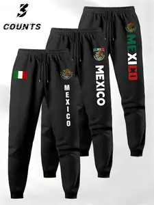 Men's Drawstring Waist Sport Pants Set of 3, Mexican Theme Letter Flag Print, Comfortable Fashion, Casual Daily Wear