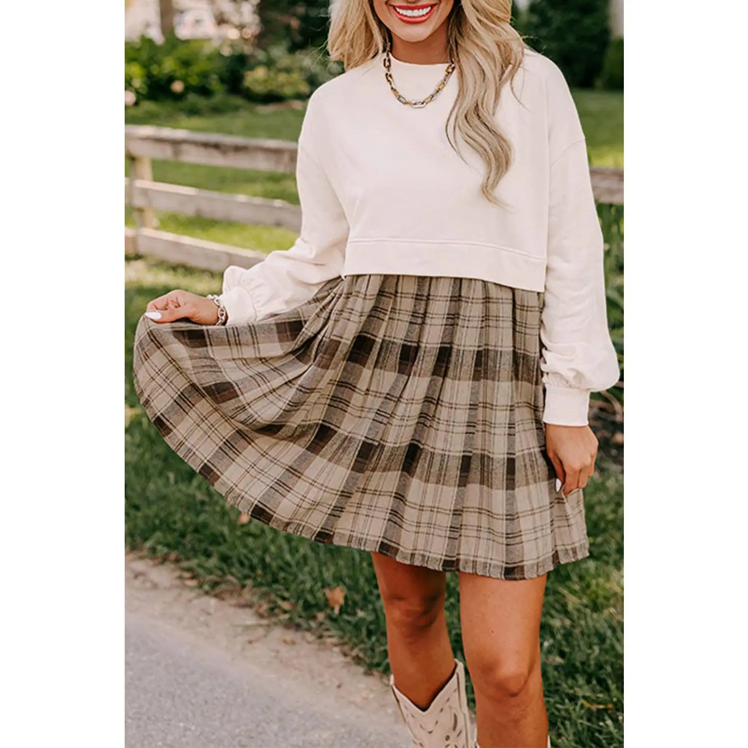 Beige Plaid Patchwork High Waist Mini Dress