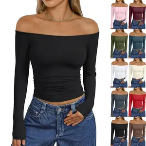 Womens Long Sleeve Off The Shoulder Tops Going Out Cute Basic Y2K Fall Fashion 2025 Outfits Clothes
