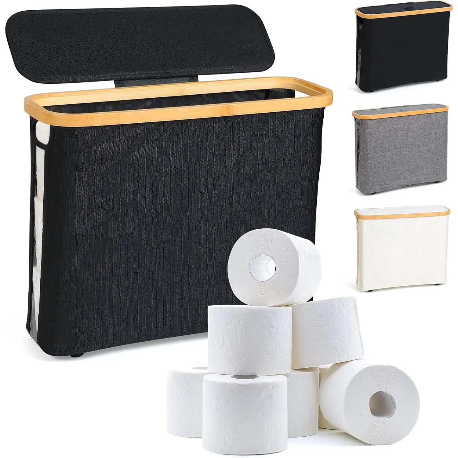 Black Oxford Cloth Bamboo Toilet Paper Storage Basket with Lid - Lightweight, Moistureproof, Waterproof, Dust-Proof, Stable Floor Footing, Foldable, Free-Standing Organizer Holds 9-12 Rolls, Modern Bathroom Household Container, Moistureproof Use