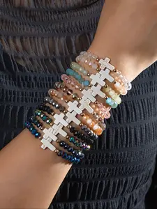 12 Piece Fashion Vintage Colorful Artificial Crystal Beaded Turquoise Cross Pendant Multi-Layer Stackable Bracelet Set Unisex Crystal Bracelets Cross Beads Bracelet