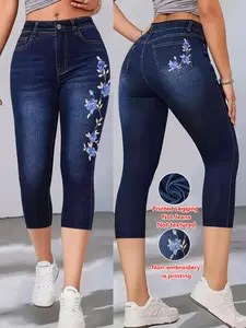 Women's Tight Fit Seven-Quarter Pants, Faux Denim Print, Floral, Slim-Fitting Casual Bottoms, All Season Wear, Comfortable and Stylish, Leggings