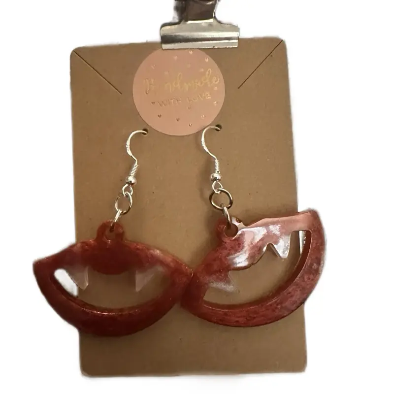 Vampire Teeth Epoxy Resin on Silver Hooks - Red Lips Design Earrings