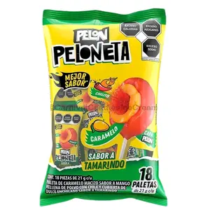 Pelon Peloneta - Natural & A rtificial Tamarind Mango Flavored Lollipop Filled With Chili And Covered With Soft Candy / 18 Pieces Bag /