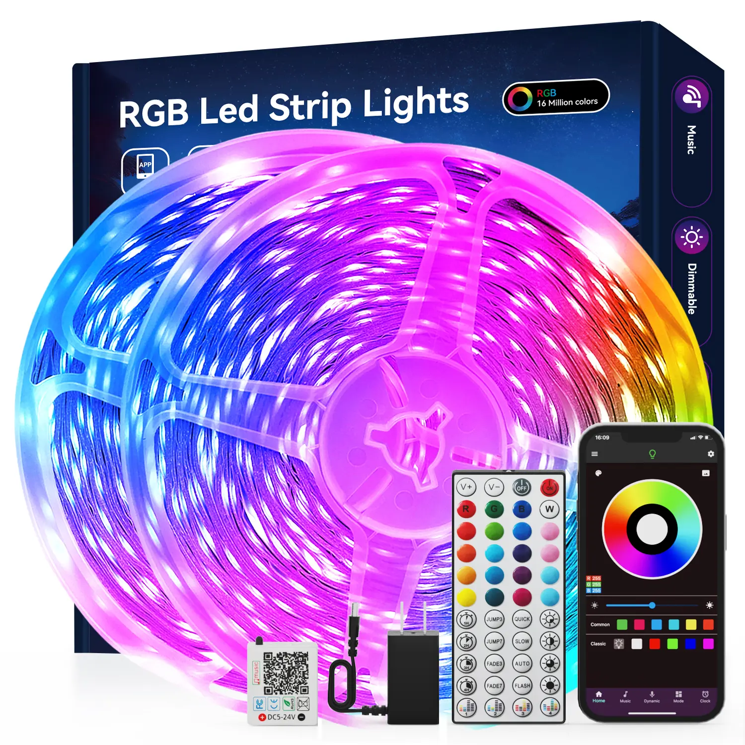 Smart Led Light Strip RGB Color Changing Music Sync Strip Lights with App & Remote Control for Bedroom Indoor Lighting Decoration Modern