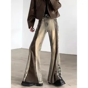 Trashy Y2K 2000S Pu Leather Patchwork Slim Flare Jeans Pants For Men 90S Vintage Clothes Colorblock Denim Trousers Moda Hombre