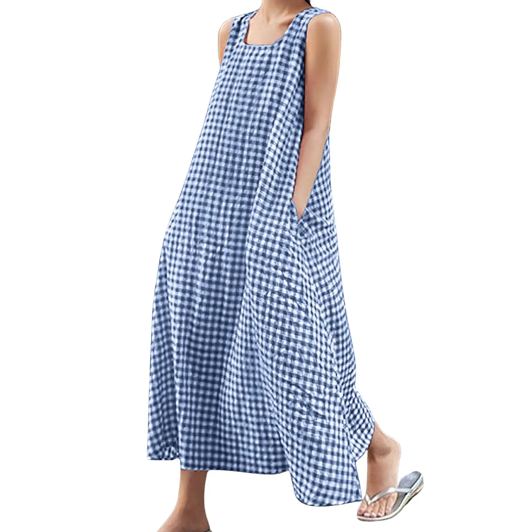 CHOUYATOU Boho Clothes for Women, Lady's Plaid Cotton Sundresses, Loose Fit Maxi with Spaghetti Straps and Pockets
