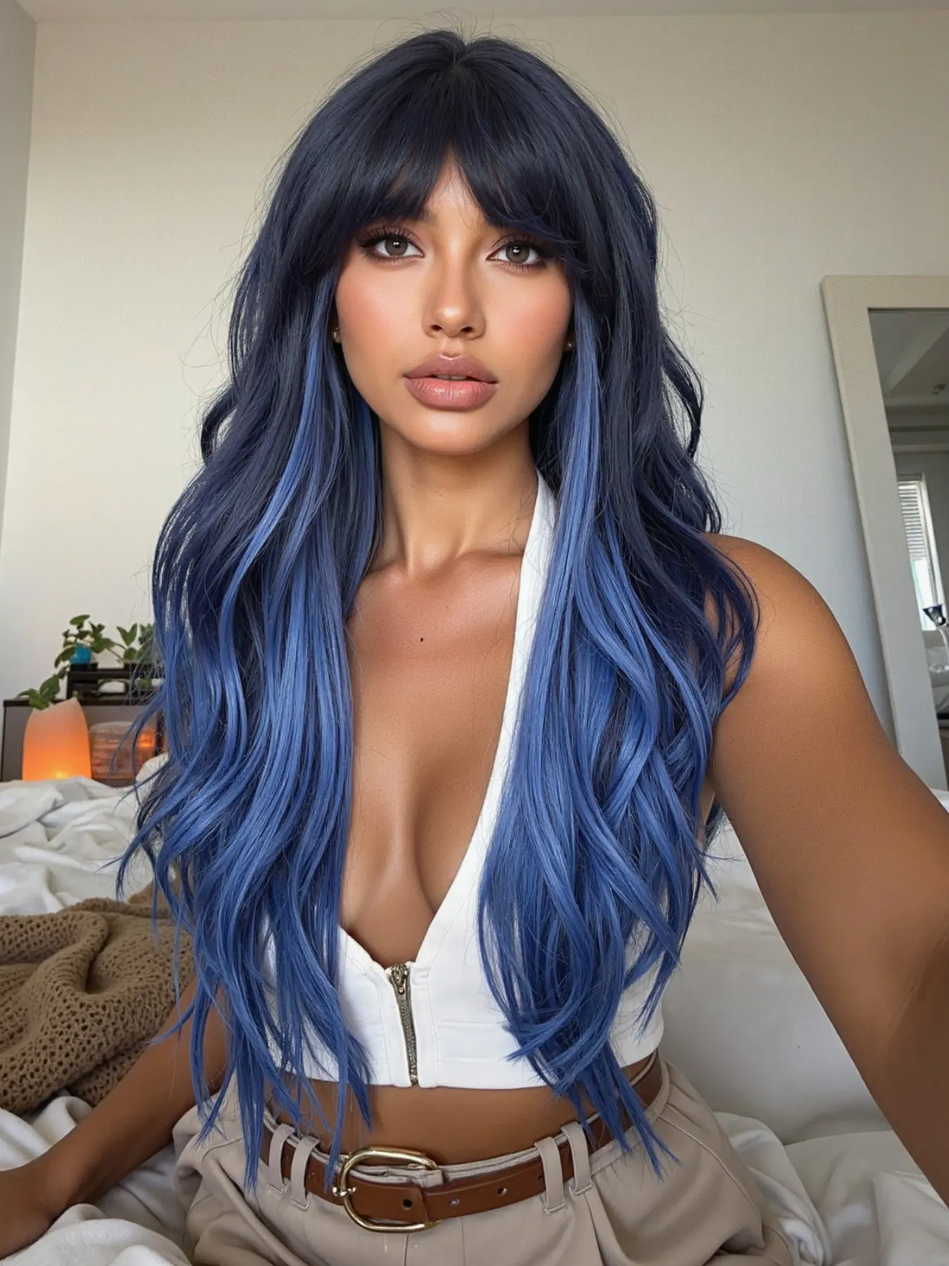 26 Inch Long Blue Gradient Straight Wig with Bangs, Synthetic Hair for Halloween Cosplay & Party Wear, All-Season Women's Accessory, Synthetic Material Wigs, Wavy Ombre Wig