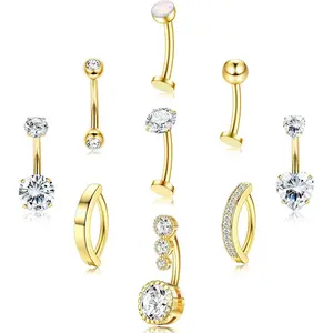 YADOCA 9 Pcs Gold Belly Button Ring - Surgical Stainless Steel Floating CZ Opal Heart Clicker Belly Piercings for Women Navel Belly Piercings Jewelry Pack Silver/Gold