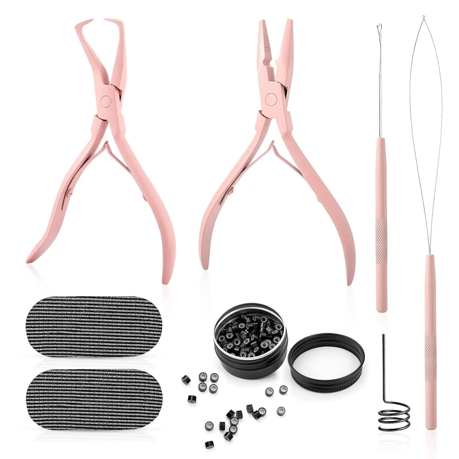Pink Stainless Steel Hair Pliers & Beading Tools Kit, Professional Set for I & U Tip Extensions with Tape In Remover & 200 Micro Beads for Salon Use, Tape In Extension Remover