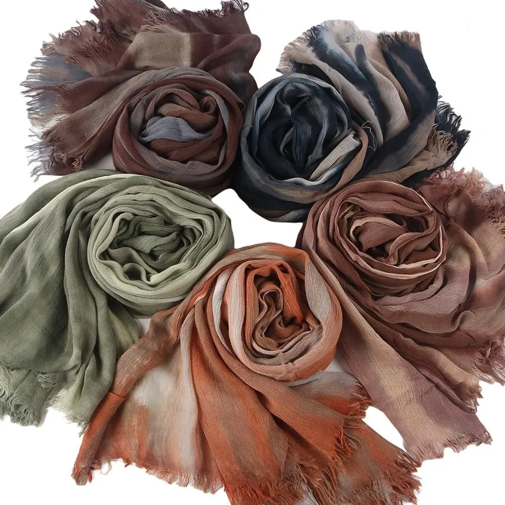 Women's Gradient Tie-Dye Hijab - Soft Rayon Head Scarf for Muslim Fashion, Lightweight Breathable Shawl with Fringe, 190x80cm, Head Scarfs, Hijabi Fashion, All Seasons, Fringe Detail, Rayon Fabric, Colorful, Fashion Accessory