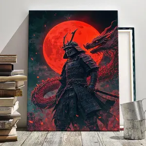 Wooden Framed Canvas Painting Japanese Style Domineering Dragon Warrior Pattern Animal Design Wall Art, Artistic Modern Art for Home Living Room Bedroom Decoration, Ornaments