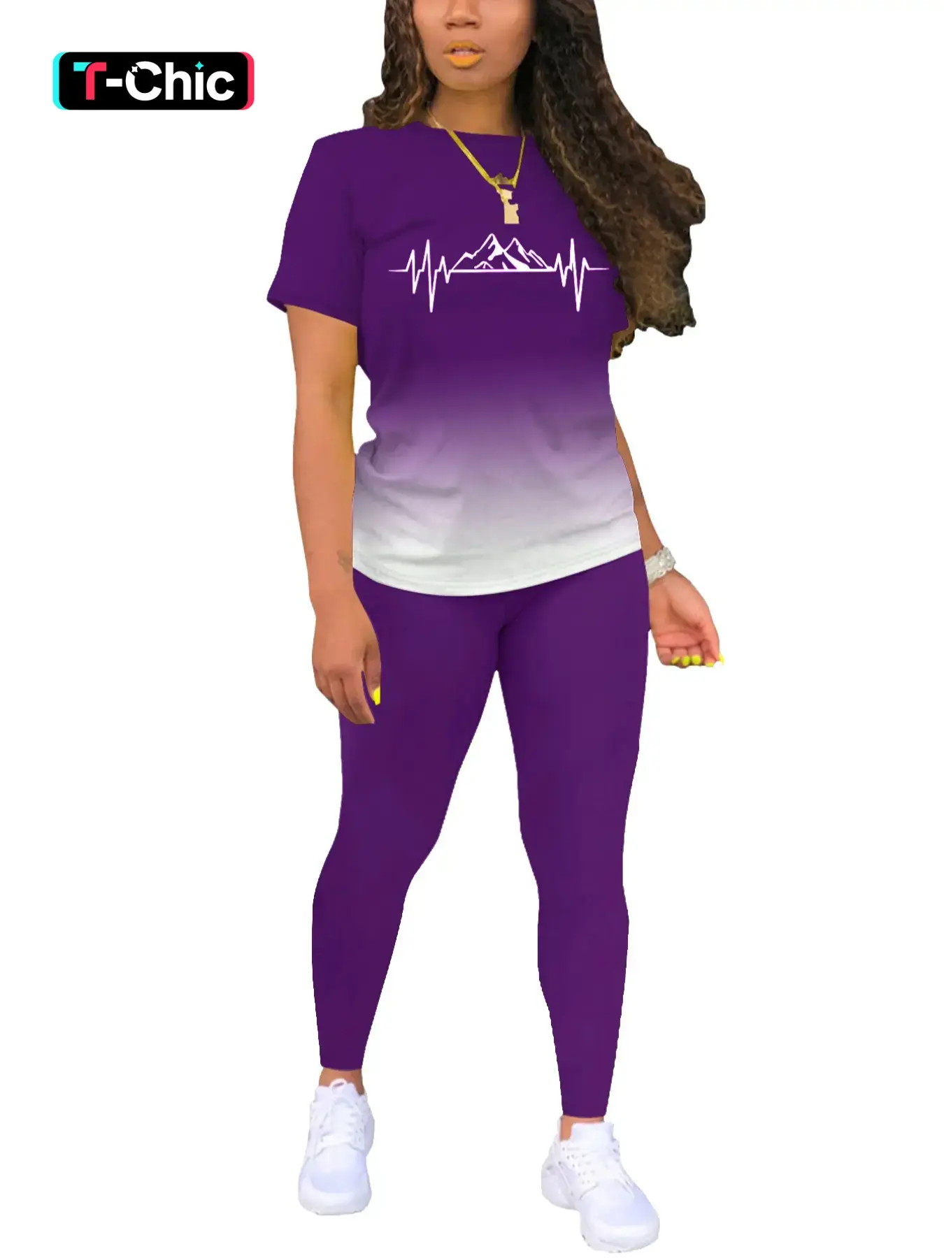 Two-Piece Set Women's Gradient Ombre Mountain Print Short Sleeve Fitted T-shirt & Elastic Waist Fit Skinny Pants Set, Casual Graphic Round Neck Tee & Trousers 2 Piece Set for Summer, Ladies Clothes for Daily Wear, Everyday, Outfit, Womenswear