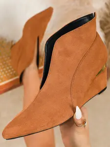 Deep Wedge Heel Women's Boots, Thick Sole Comfortable, V Cut Slip-On, Fashion Vintage Solid Color, Casual Commuter Short Boots Design, Footwear